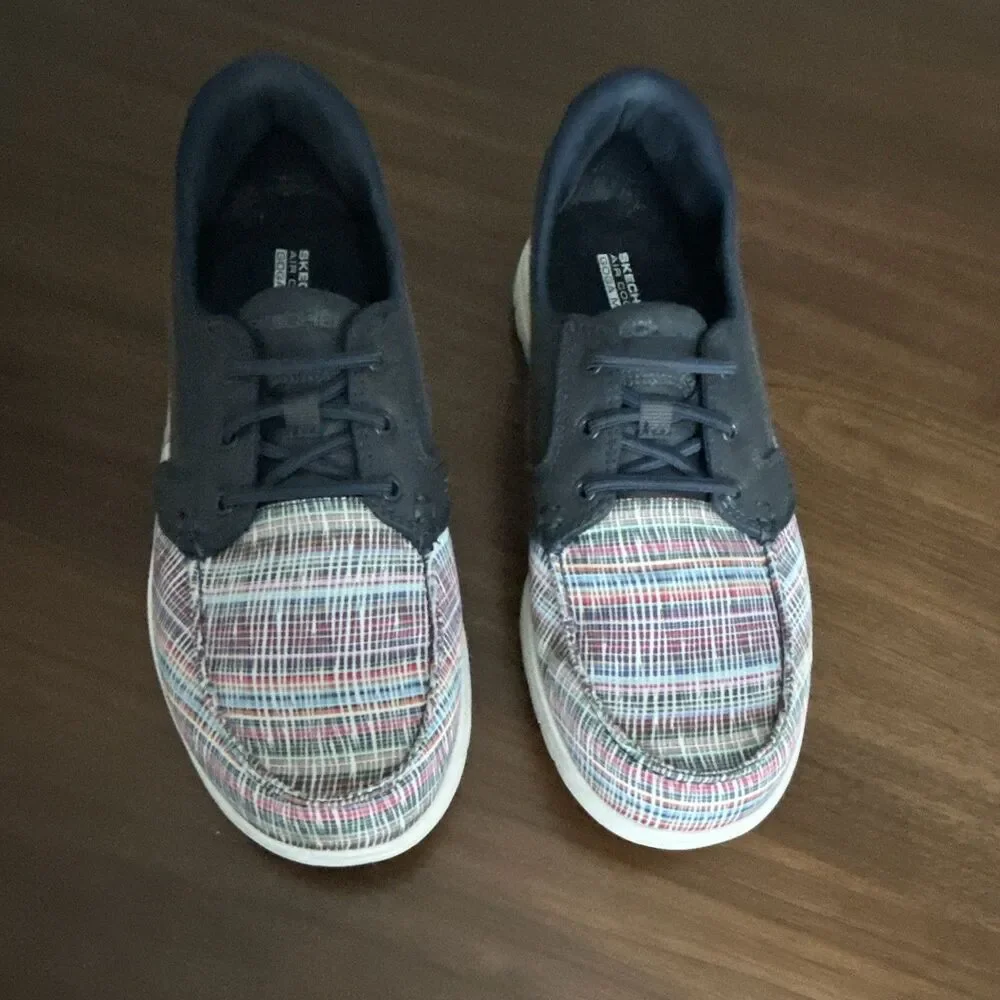 Skechers On-The-Go GOga Mat Comfort Plaid Navy Textile Lace-Up Sneaker 9.5